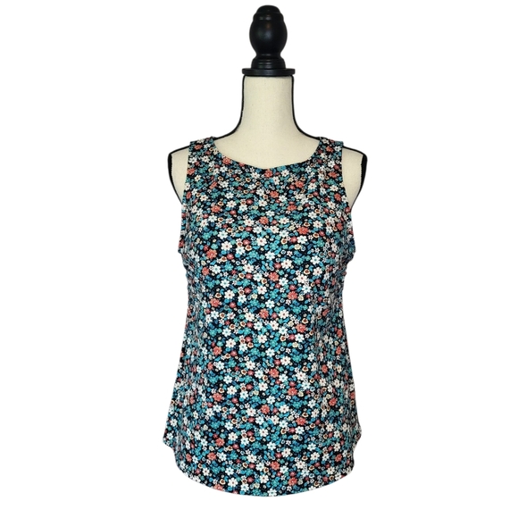 Lands' End Swim Top Black Multicolor Floral High Neck Tank Built-in Bra Size 14P - Picture 1 of 8